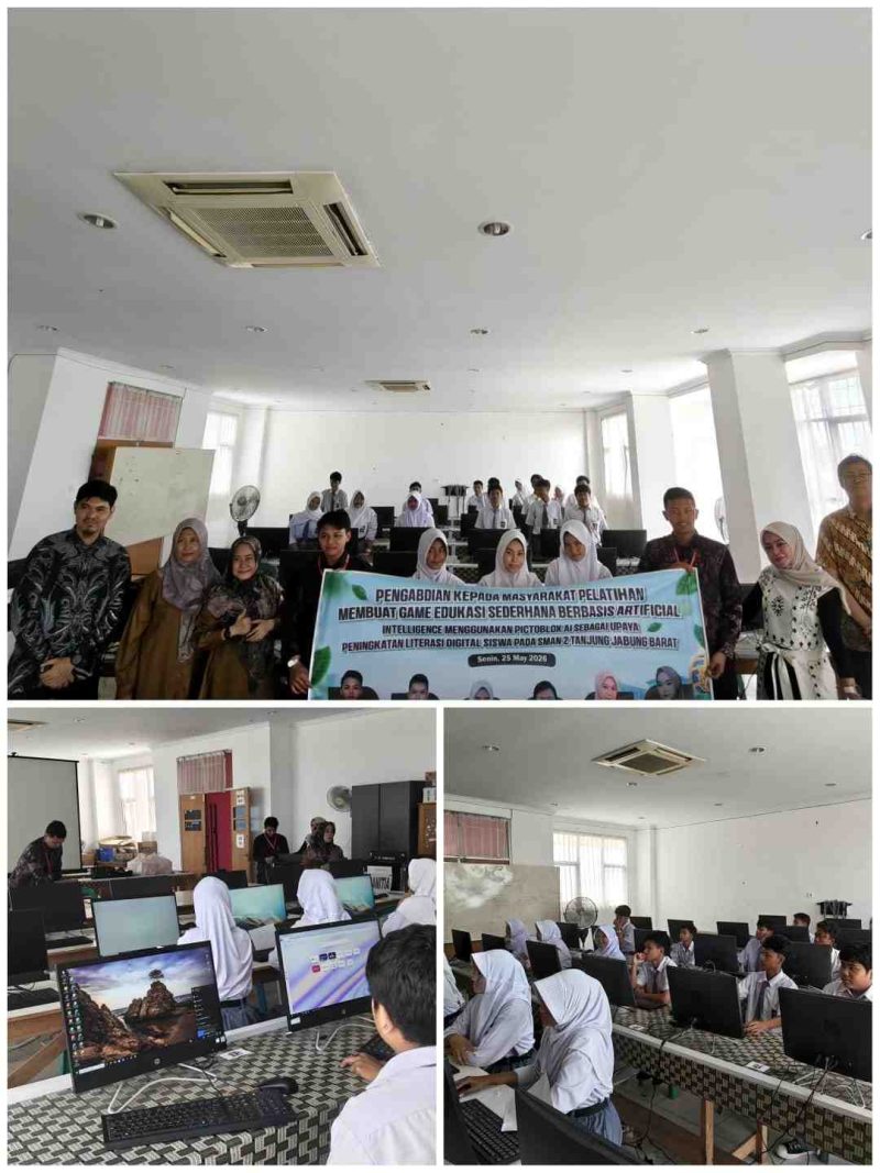 Suasana pelatihan pembuatan game edukasi berbasis AI oleh Universitas Dinamika Bangsa di SMAN 2 Tanjab Barat, Senin (25/5/2026).