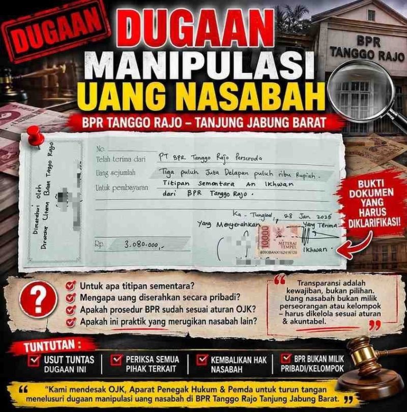 Foto: Ilustrasi dugaan manipulasi transaksi nasabah BPR Tanggo Rajo Tanjung Jabung Barat beserta dokumen yang diklaim berkaitan dengan proses penyelesaian kasus.